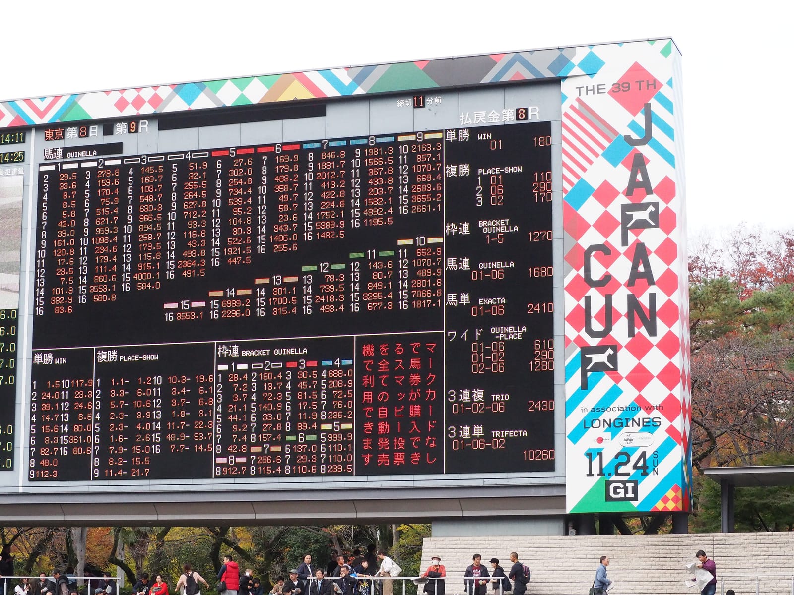 A large odds board at Tokyo Racecourse showing Win, Place and other odds on Japan Cup day.