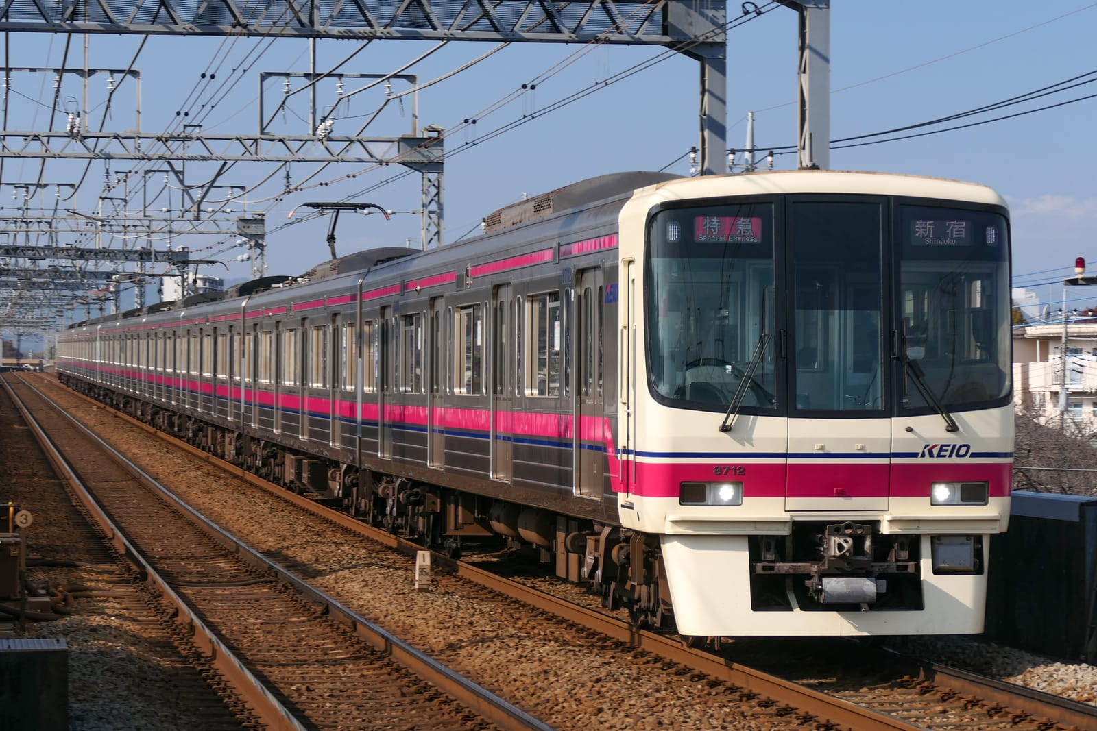 A Keio Line 8000 series Limited Express train arriving at a station